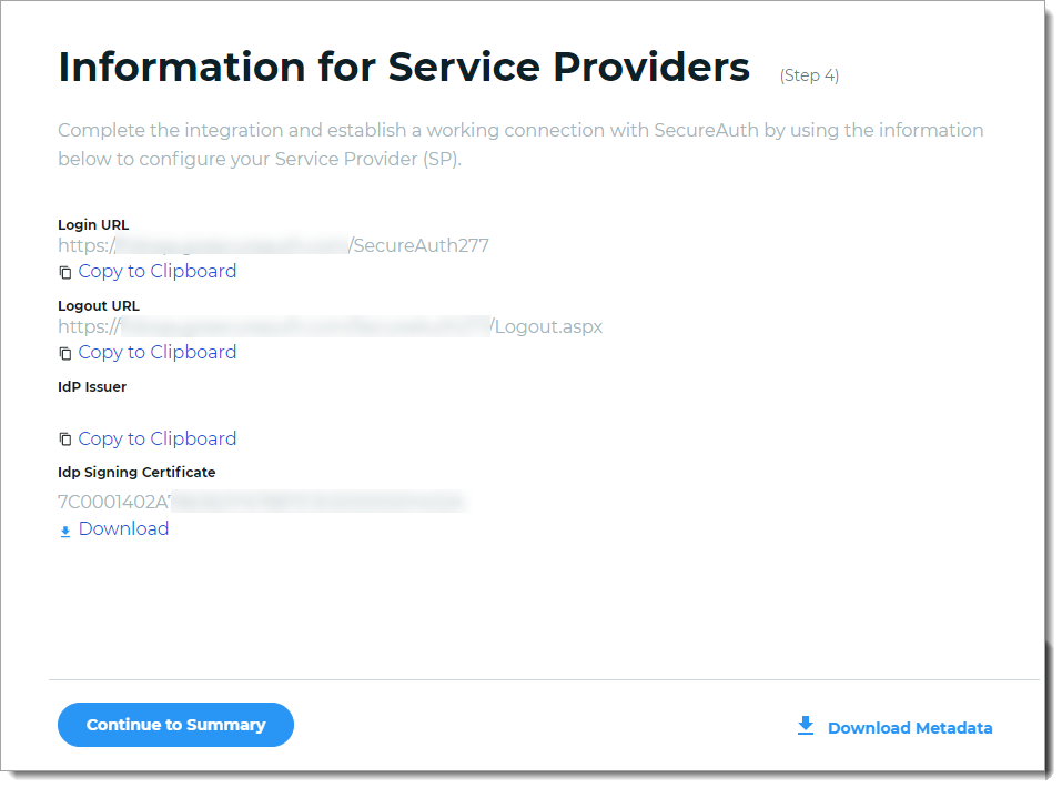 Example of configuration information for service providers for user authentication from SecureAuth Identity Platform