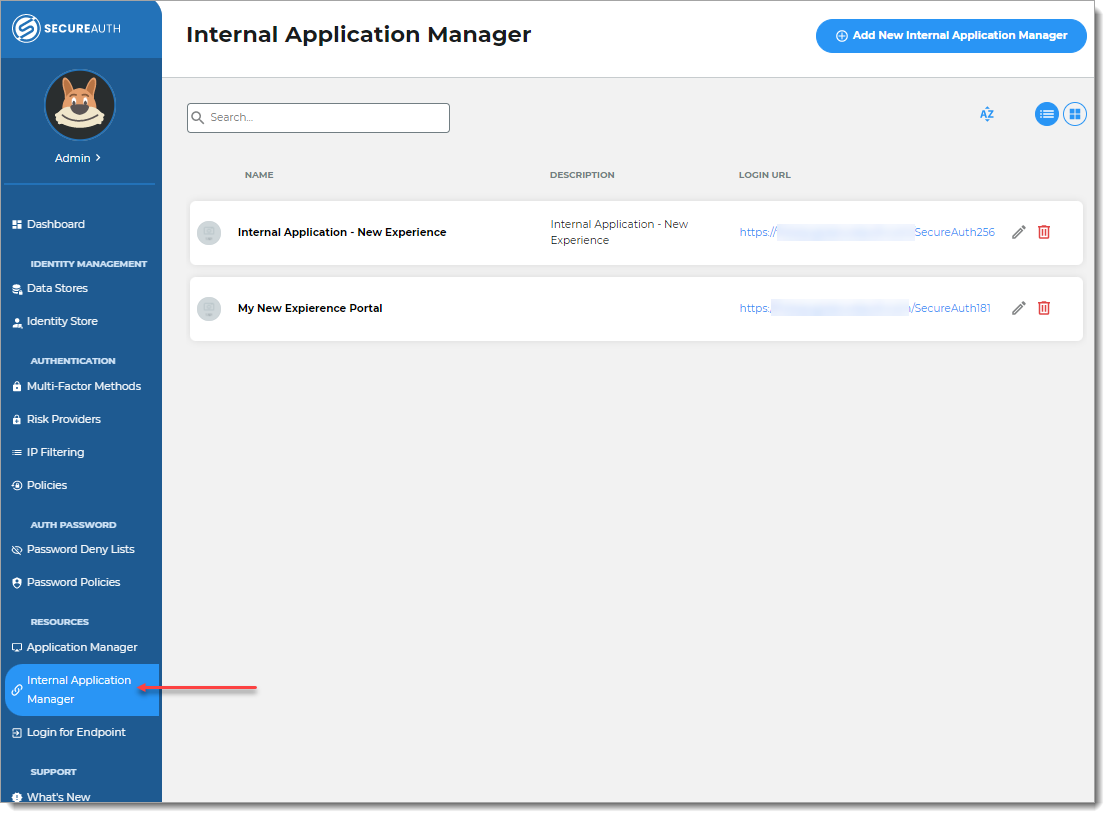 Screenshot of Internal Application Manager page.