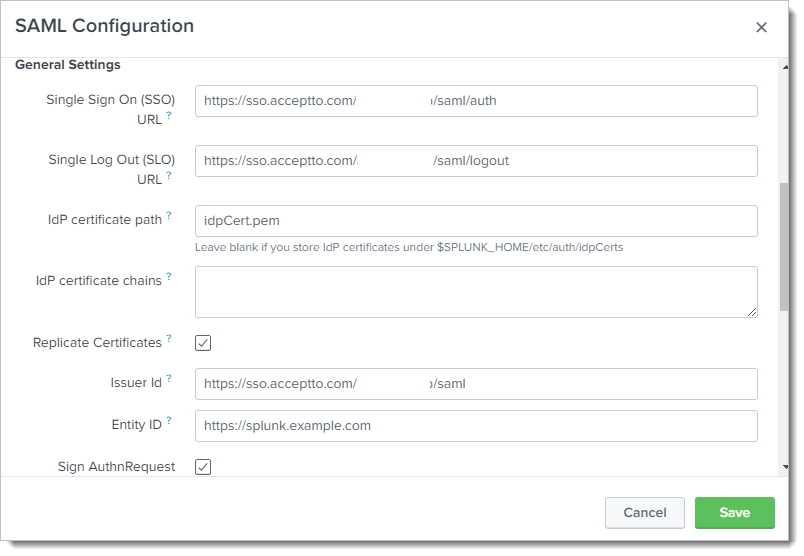 SAML general settings