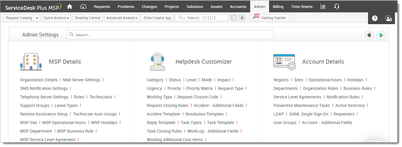 ServiceDesk Plus admin portal