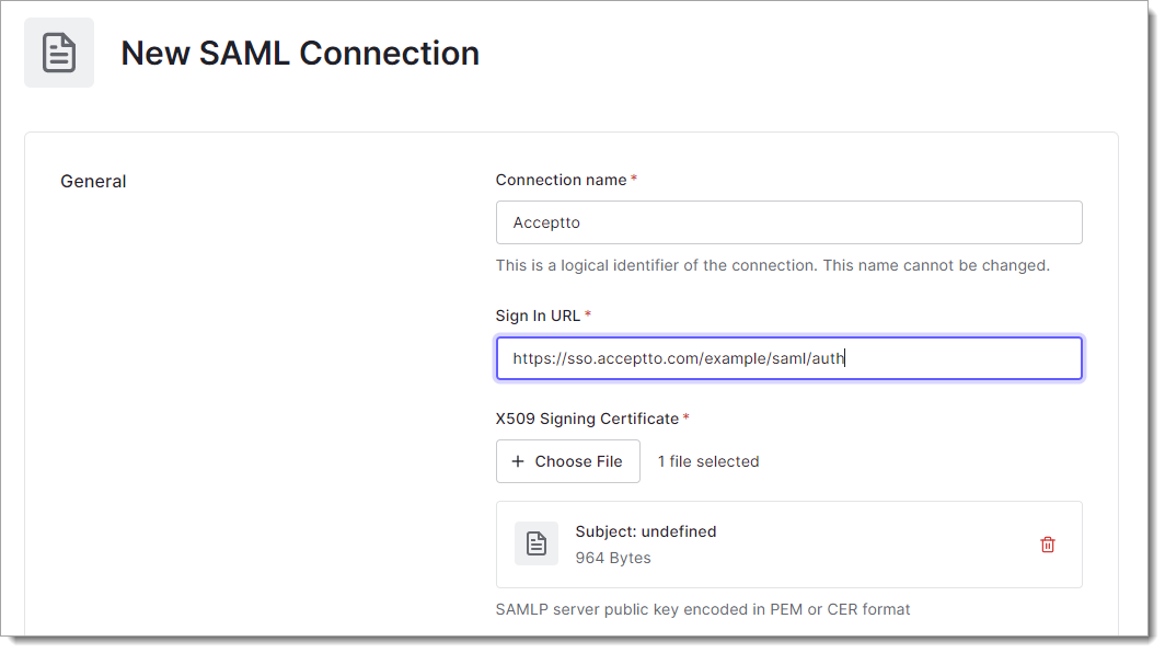 New SAML connection