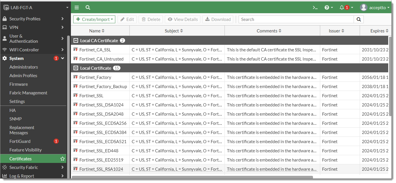 FortiGate certificates